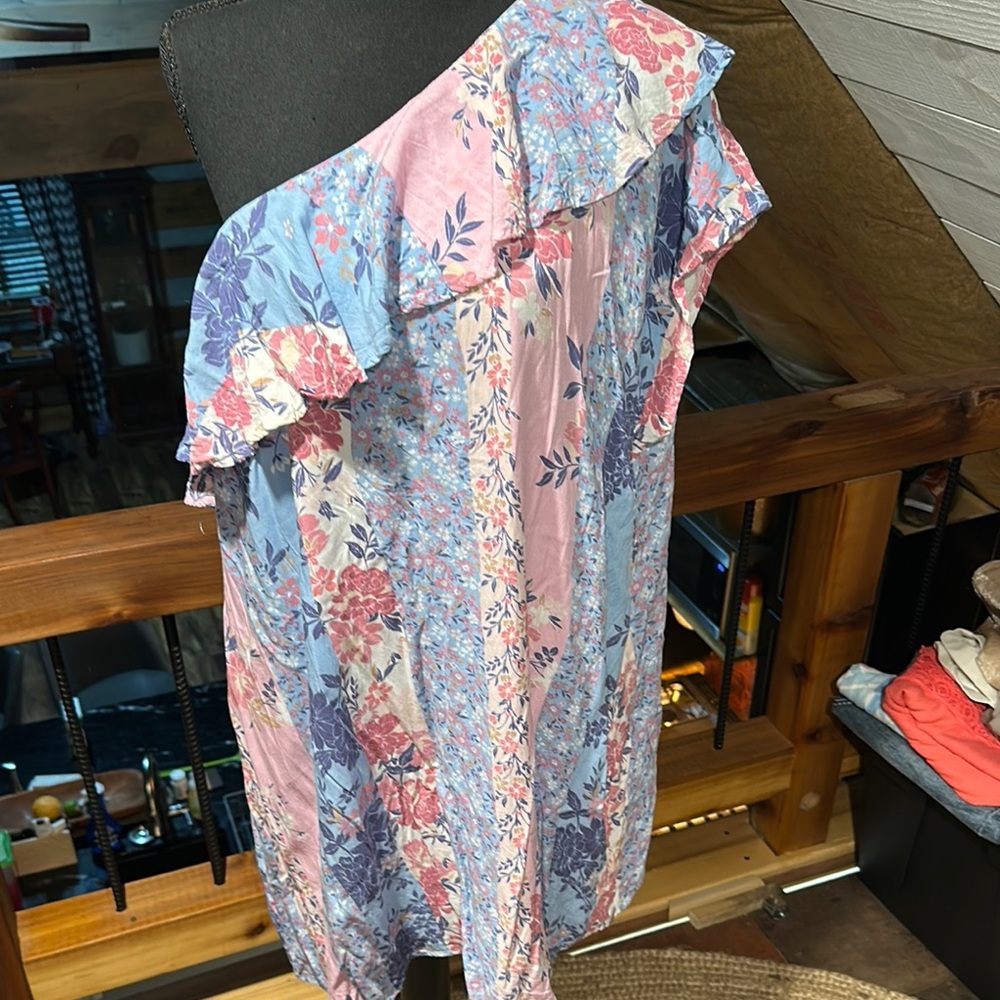 ANDREE BY UNIT Asymmetrical Ruffled Sundress Pink and Blue